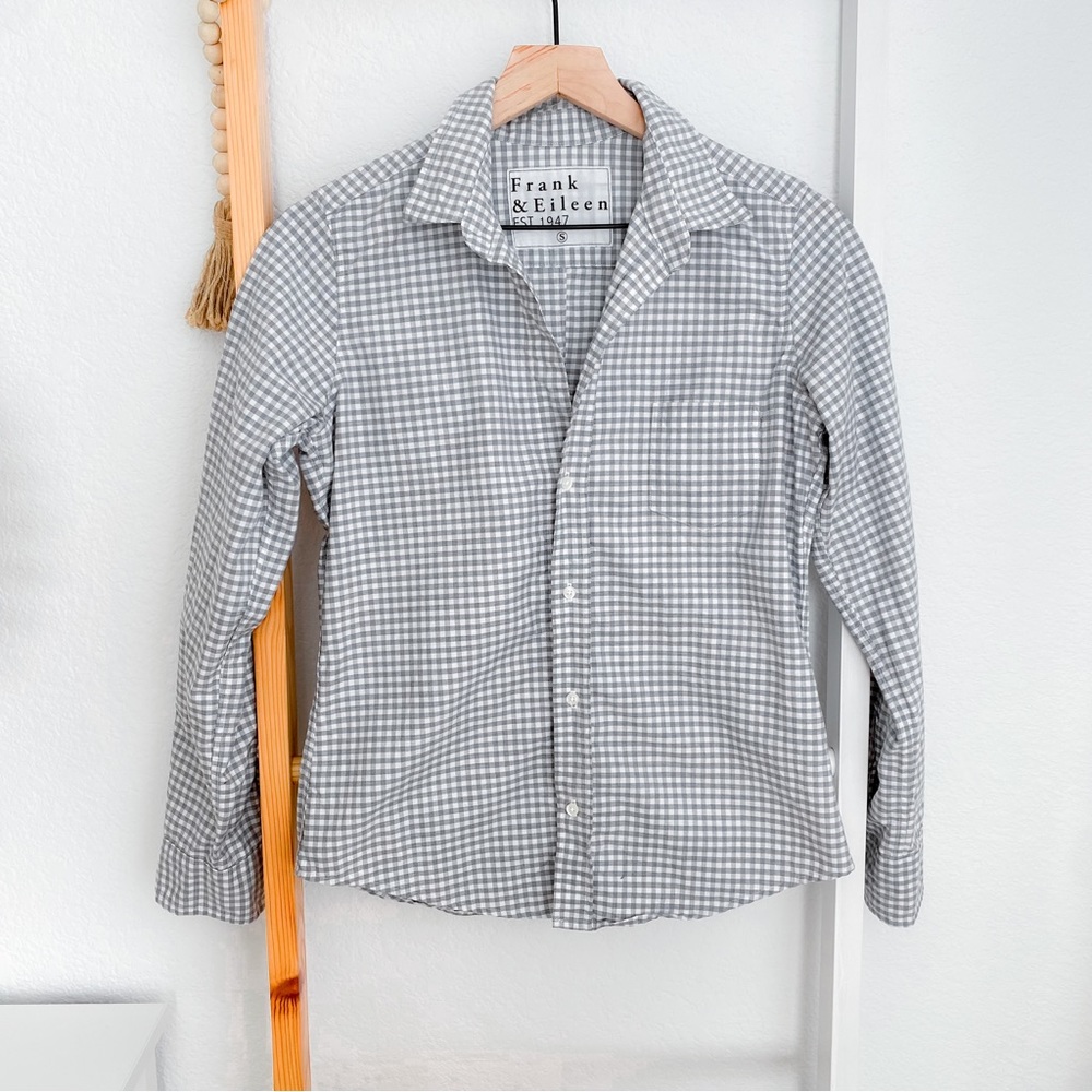 Frank & Eileen Barry Gingham Button Down Shirt Top Gray White 100% Cotton Plaid